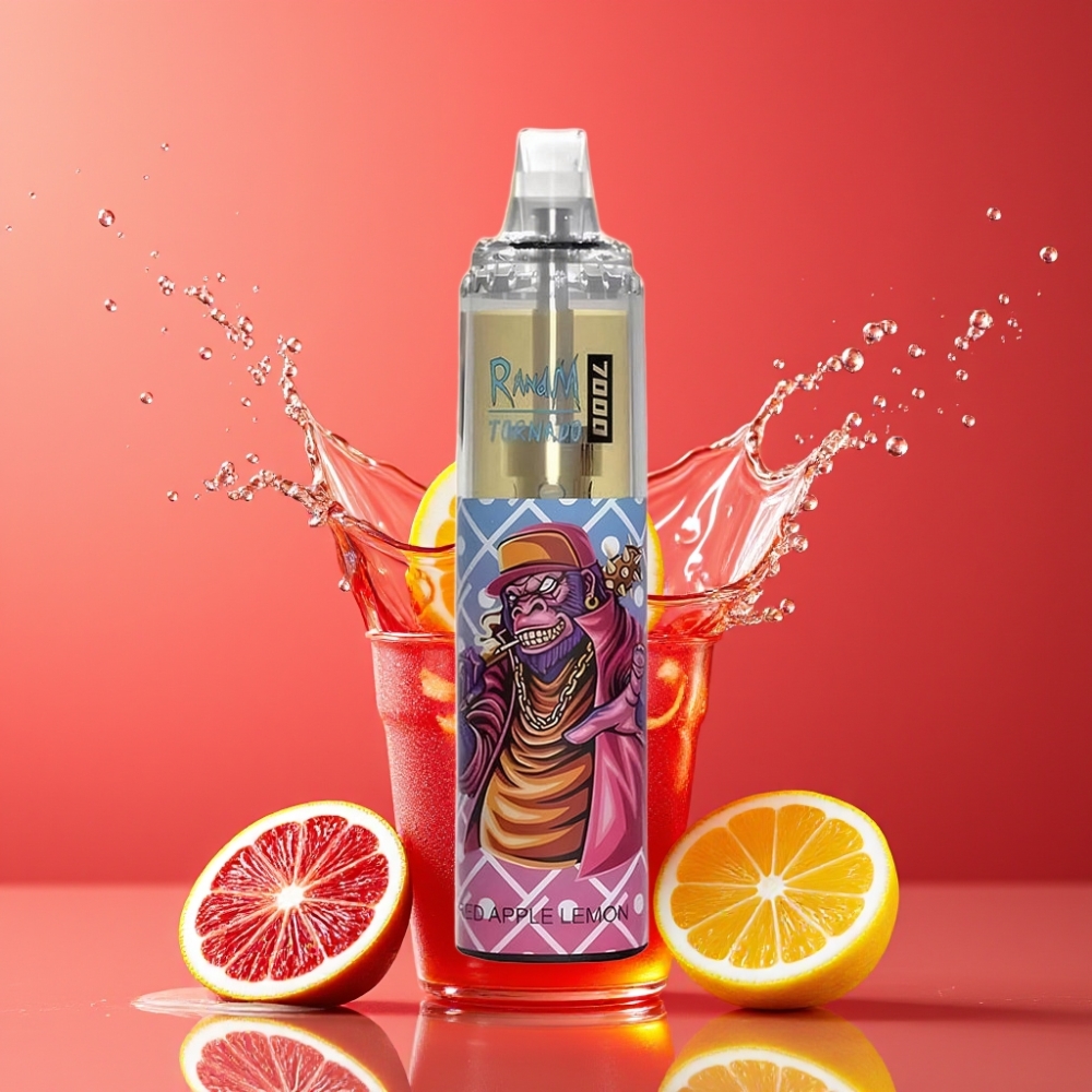 Suomi tukku RandM Fumot Tornado 7000 Puffs 14ML E-liquid 850MAH Battery RGB Light Mesh Coil Type-C Port Air-Adjustable Disposable Vape Punainen Omena Sitruuna