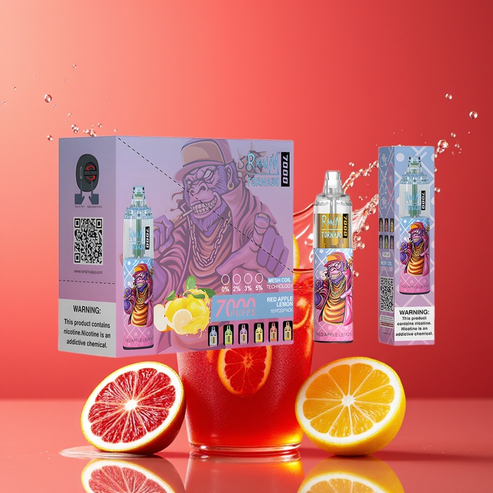 Suomi tukku RandM Fumot Tornado 7000 Puffs 14ML E-liquid 850MAH Battery RGB Light Mesh Coil Type-C Port Air-Adjustable Disposable Vape Punainen Omena Sitruuna