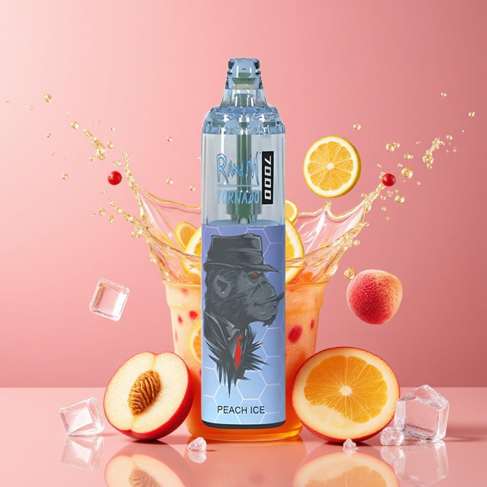 Suomi tukku RandM Fumot Tornado 7000 Puffs 14ML E-liquid 850MAH Mesh Coil Disposable Vape Persikka Jää