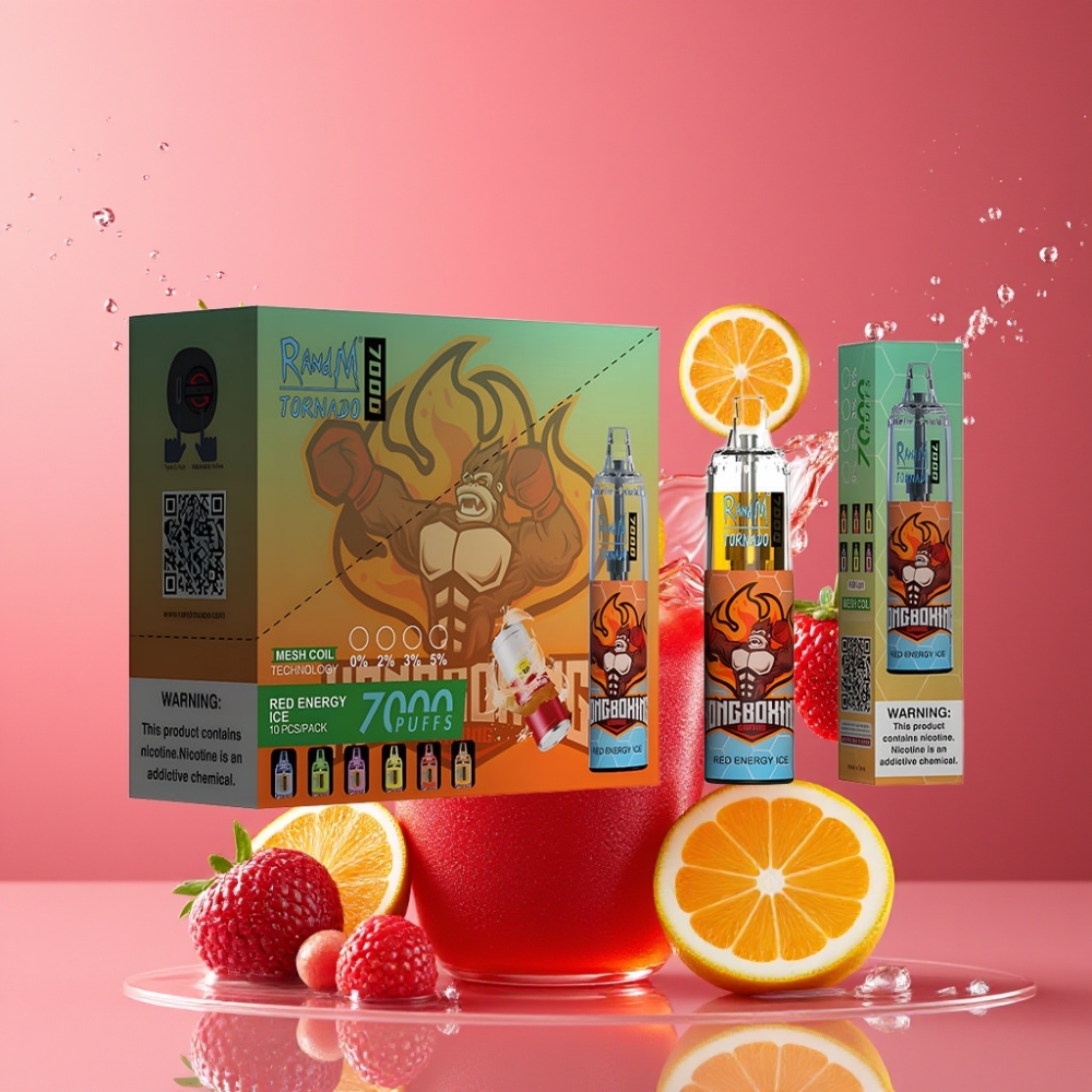 Suomi tukku RandM Fumot Tornado 7000 Puffs 14ML E-liquid 850MAH Mesh Coil Type-C RGB Air-Adjustable Disposable Vape Punainen Energia Jää