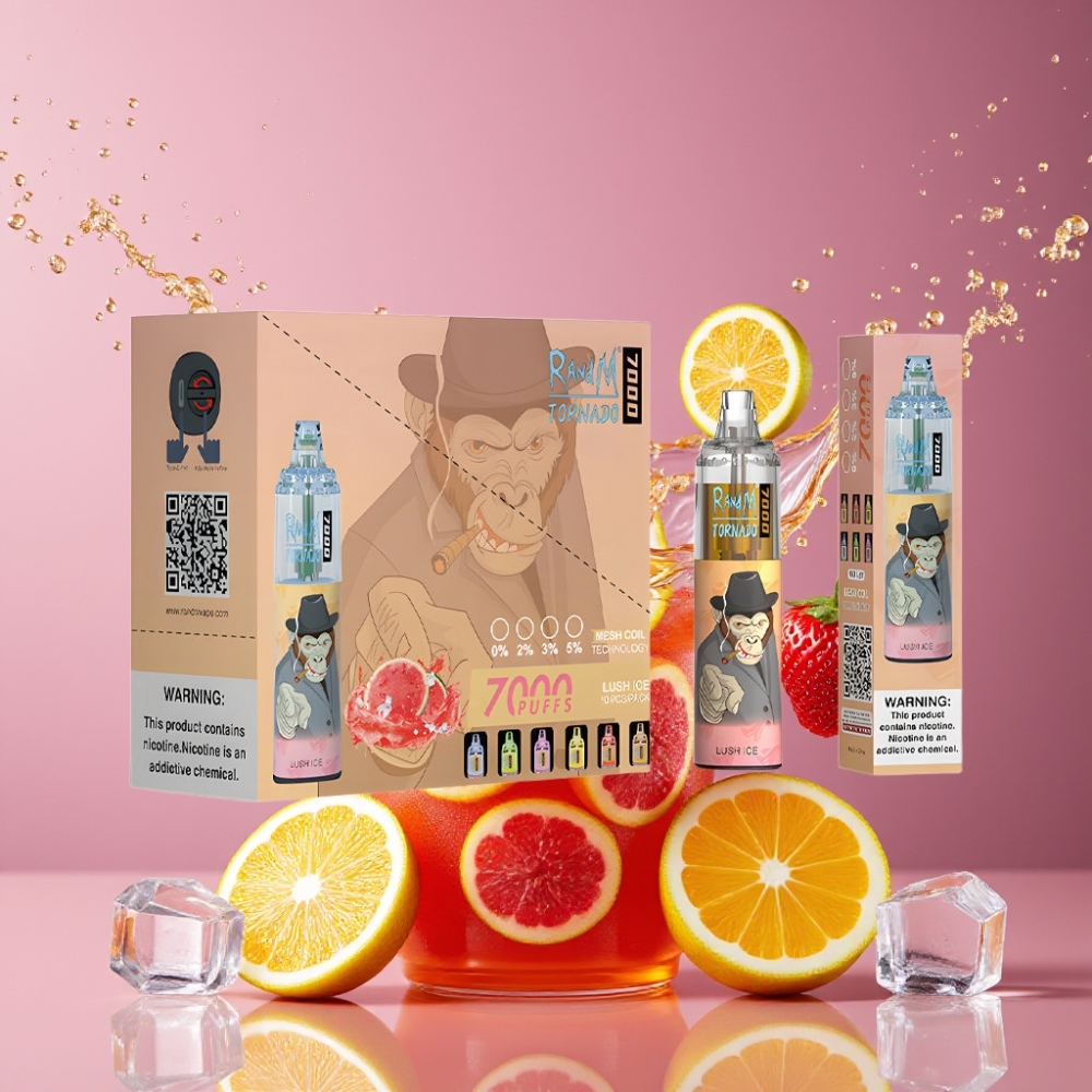 Suomi tukku RandM Fumot Tornado 7000 Puffs 14 ML E-liquid 850 MAH Battery Mesh Coil Type-C Port RGB Light Air-Adjustable Disposable Vape Lush Ice