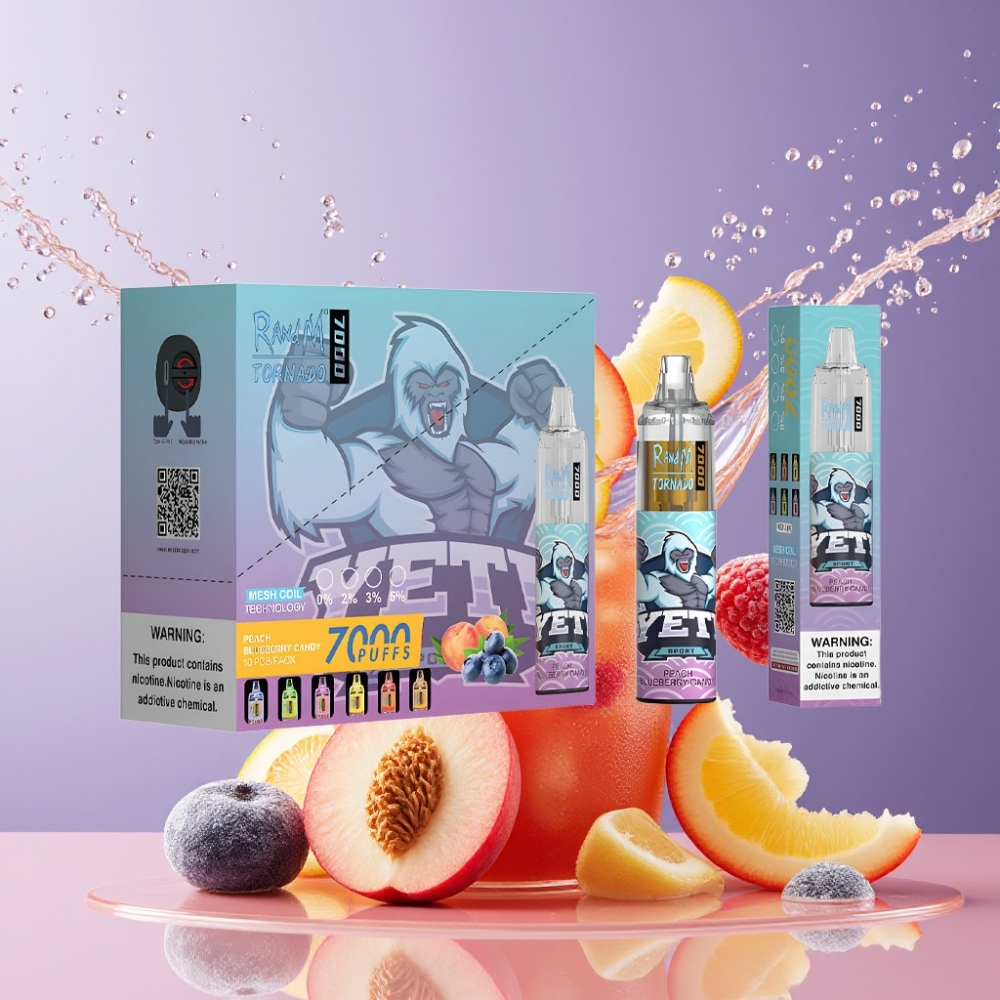 Suomi tukku RandM Fumot Tornado 7000 Puffs 14 ML E-liquid 850 MAH Battery Mesh Coil Type-C Port RGB Light Air-Adjustable Persikka Mustikka Karkki Disposable Vape