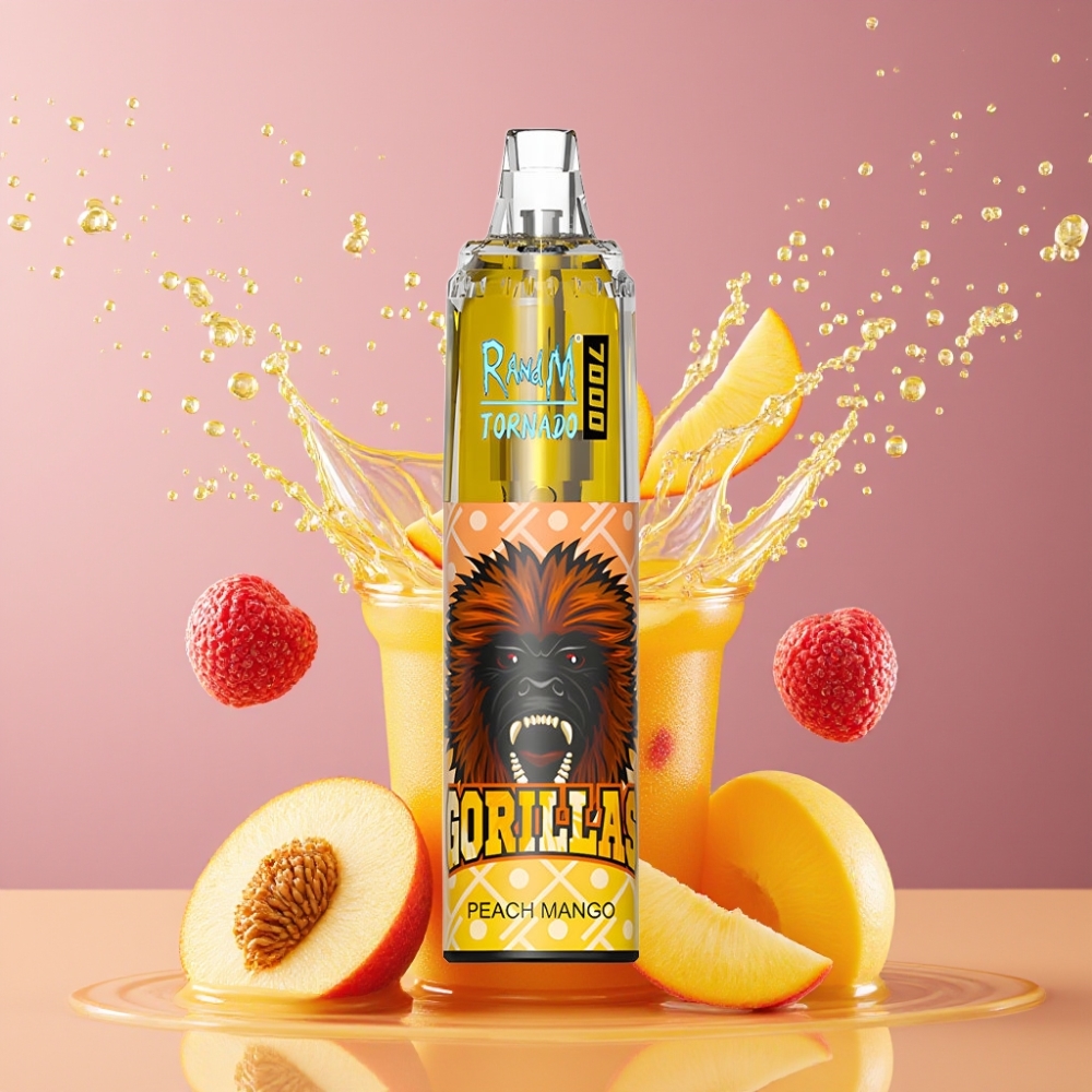 Suomi tukku RandM Fumot Tornado 7000 Puffs 14 ML E-liquid 850 MAH Battery Mesh Coil Type-C Port RGB Light Disposable Vape Persikka Mango