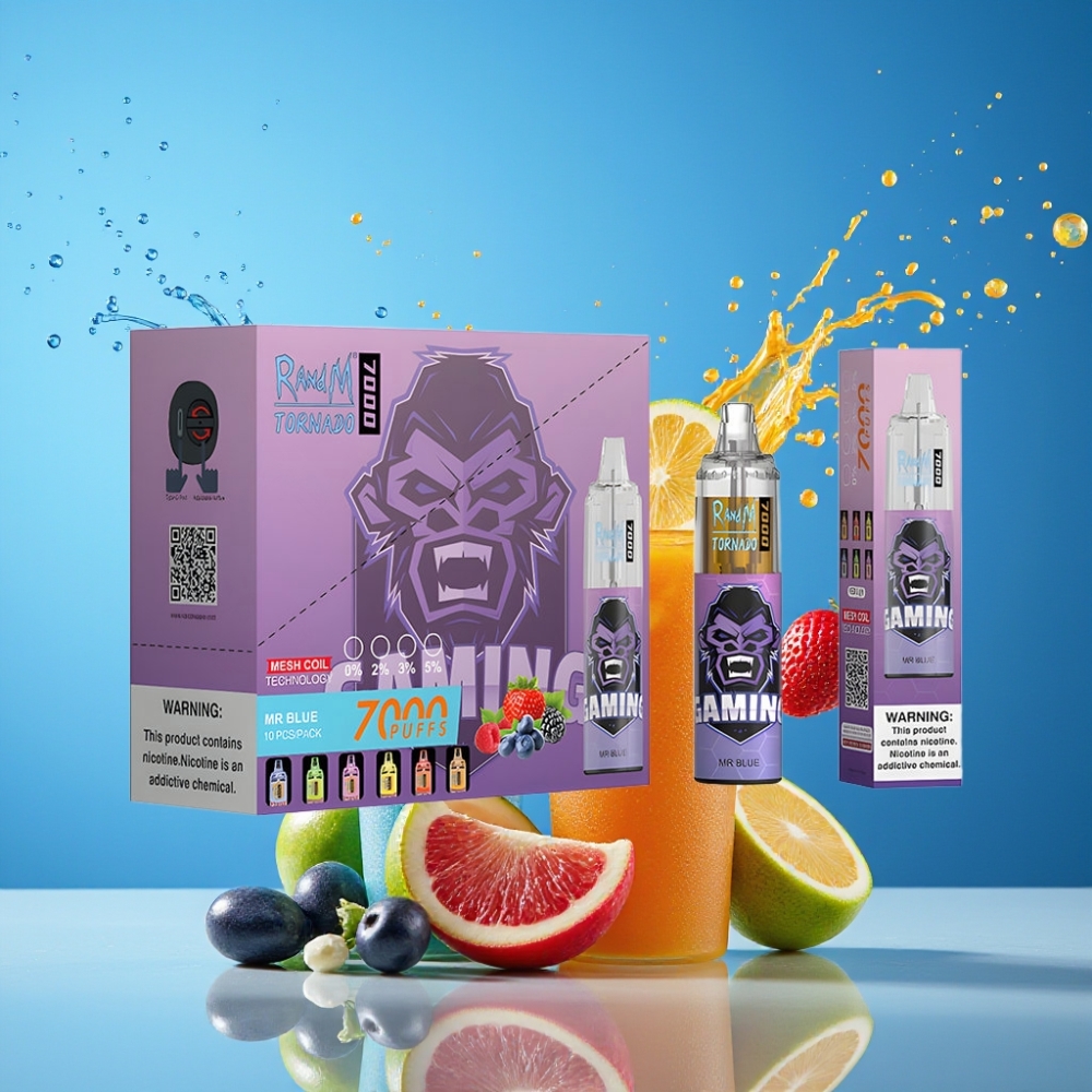 Suomi tukku RandM Fumot Tornado 7000 Puffs 14 ML E-liquid 850 MAH Battery Type-C Port RGB Light Air-Adjustable Disposable Vape Dr. Blue