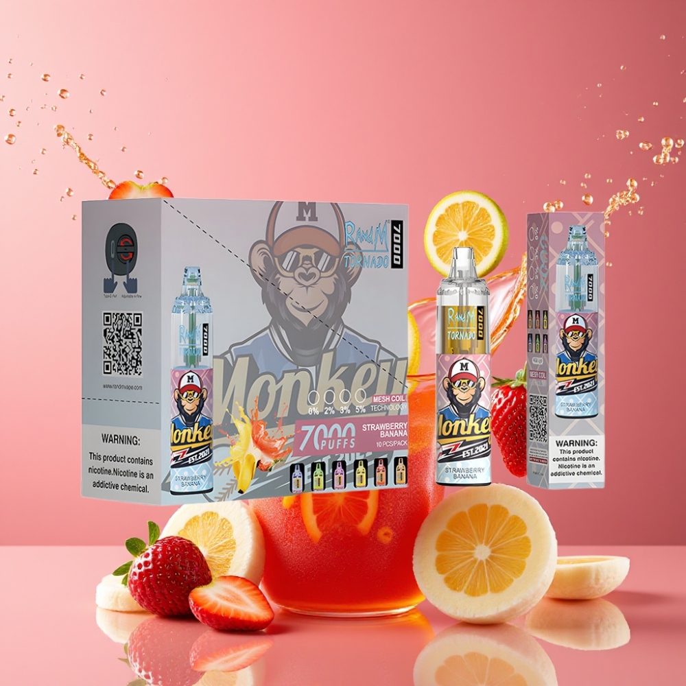 Suomi tukku RandM Fumot Tornado 7000 Puffs Disposable Vape 14ML E-liquid 850MAH Mesh Coil Strawberry Banana (Mansikka-Banaani)