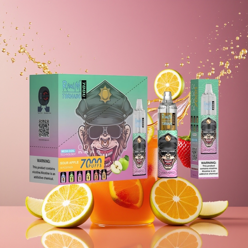 Suomi tukku RandM Fumot Tornado 7000 Puffs Disposable Vape – 14 ML E-liquid, 850 MAH Akku, RGB-valo, Hapan Omena