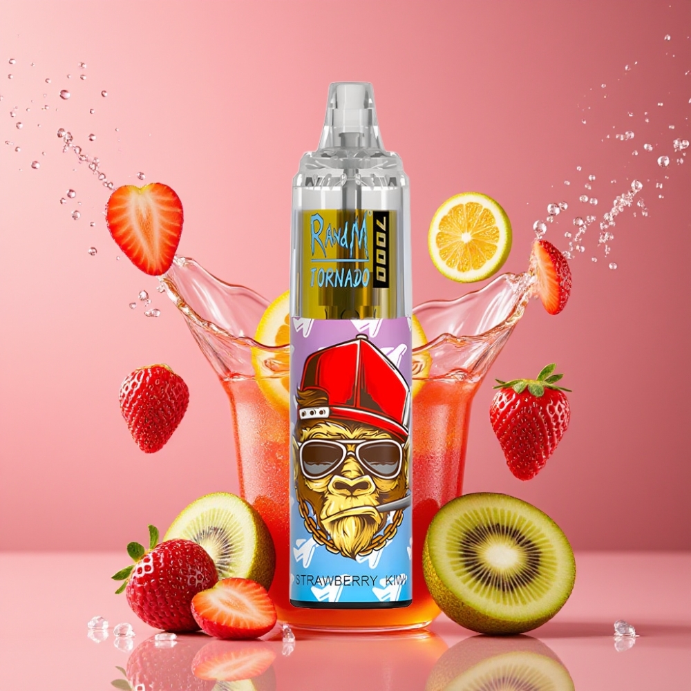 Suomi tukku RandM Fumot Tornado 7000 Puffs Disposable Vape Mansikka-Kiivi 14ML E-liuos 850MAH Paristo Type-C RGB-valo