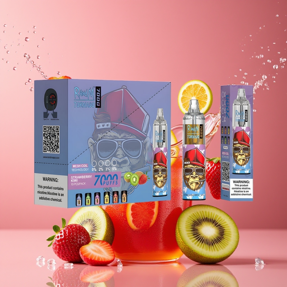 Suomi tukku RandM Fumot Tornado 7000 Puffs Disposable Vape Mansikka-Kiivi 14ML E-liuos 850MAH Paristo Type-C RGB-valo