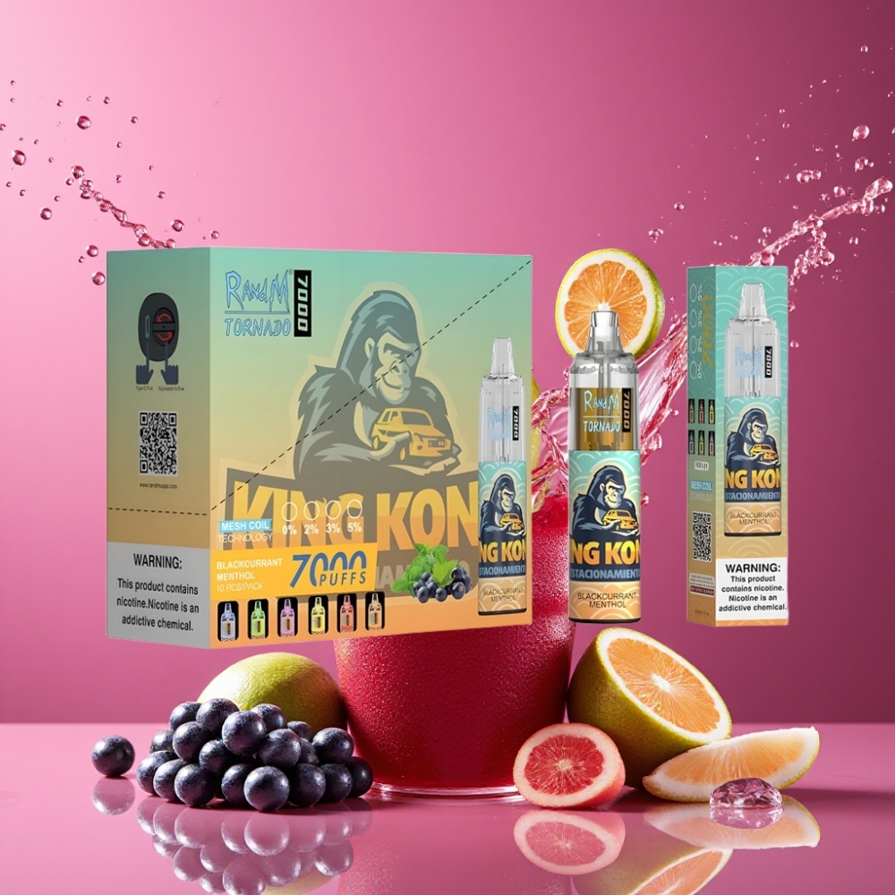 Suomi tukku RandM Fumot Tornado 7000 Puffs Disposable Vape Mustaherukka Menthol - 14ML E-liquid, 850MAH, Mesh Coil, Type-C, RGB Light, Air-Adjustable