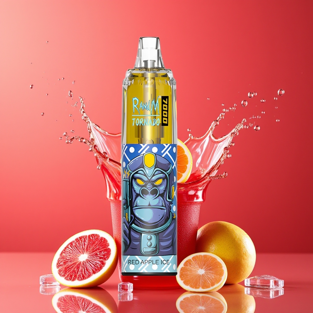 Suomi tukku RandM Fumot Tornado 7000 Puffs Disposable Vape Punainen Omena Jää 14ML E-liquid 850MAH Mesh Coil Type-C RGB Air-Adjustable