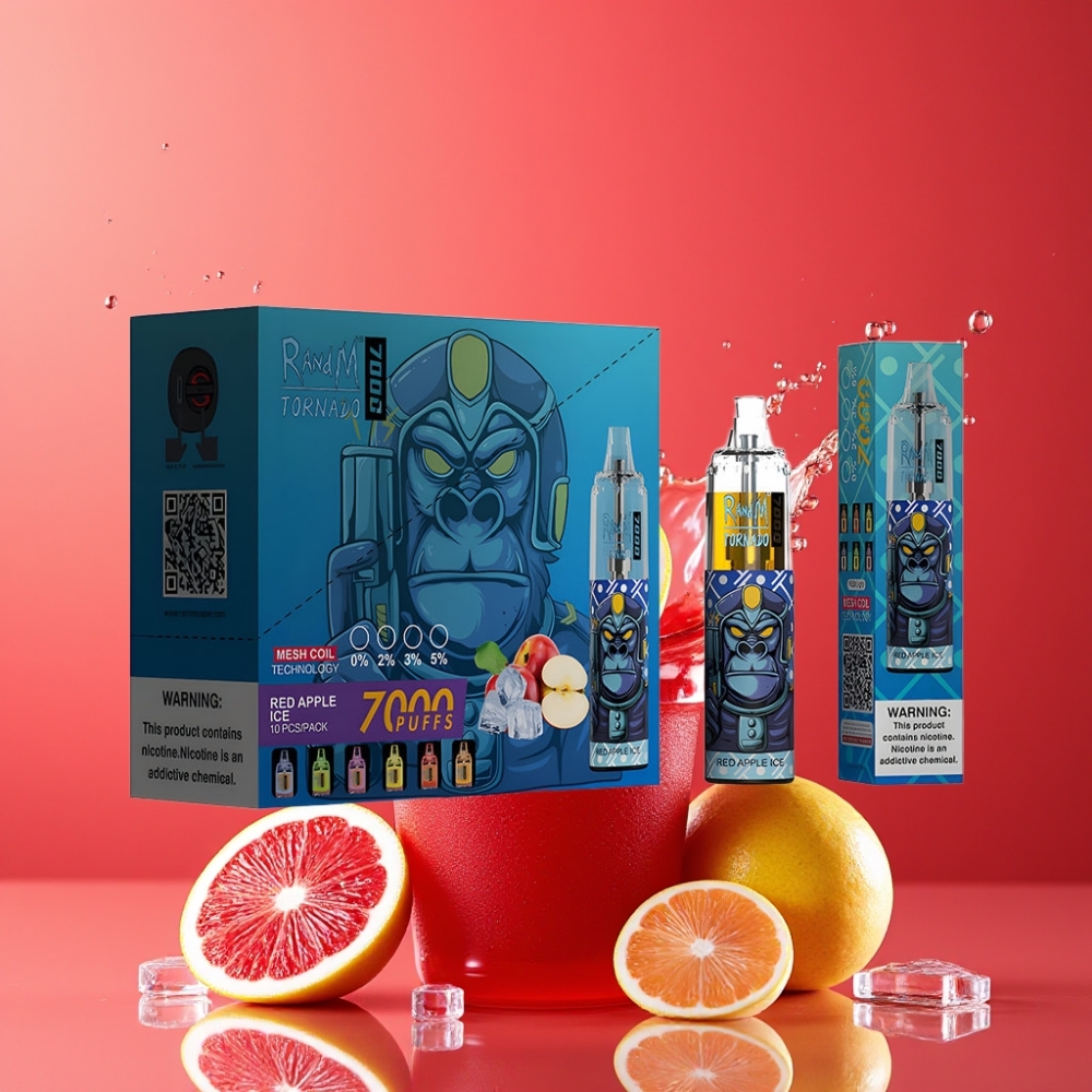 Suomi tukku RandM Fumot Tornado 7000 Puffs Disposable Vape Punainen Omena Jää 14ML E-liquid 850MAH Mesh Coil Type-C RGB Air-Adjustable