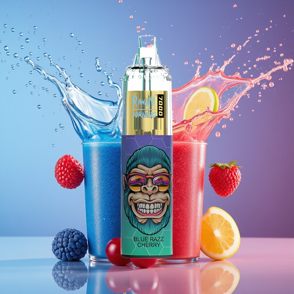 Suomi tukku - RandM Fumot Tornado 7000 Puffs Disposable Vape Sininen Vadelma-Kirsikka, 14 ML E-neste, 850 MAH Akku, 0-5% Nikotiini, Ilmavirtaus Säädettävä