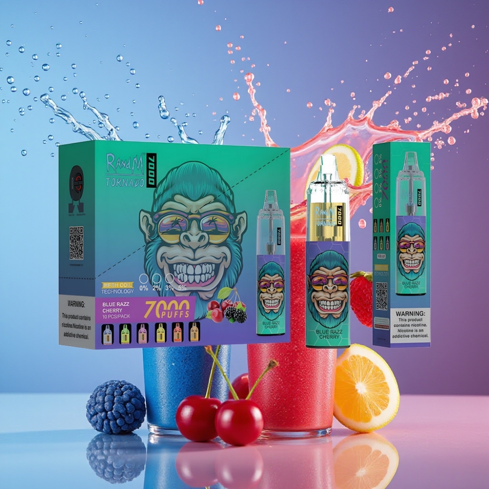 Suomi tukku - RandM Fumot Tornado 7000 Puffs Disposable Vape Sininen Vadelma-Kirsikka, 14 ML E-neste, 850 MAH Akku, 0-5% Nikotiini, Ilmavirtaus Säädettävä