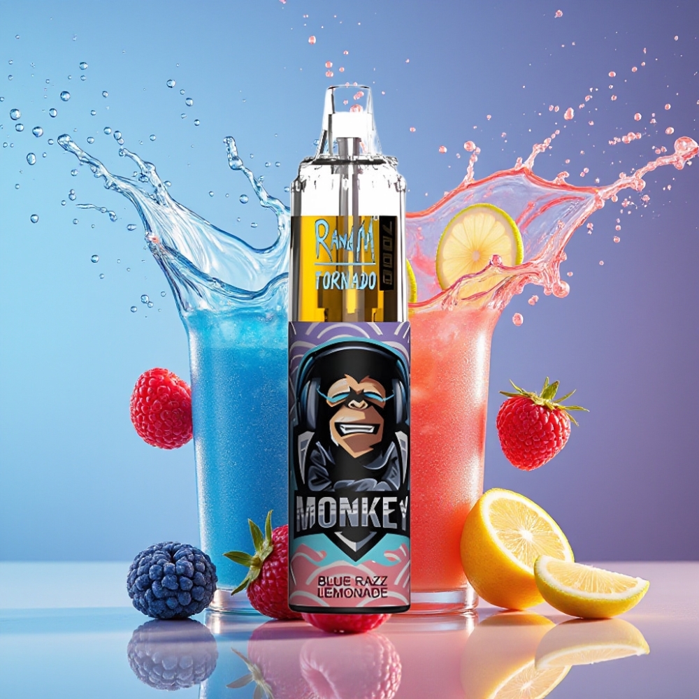 Suomi tukku RandM Fumot Tornado 7000 Puffs Disposable Vape Sininen Vadelma Limonadi - 14 ML E-neste, 850 MAH Akku, Mesh Käämi, Type-C, RGB-valo, Ilmanvaihtosäädin