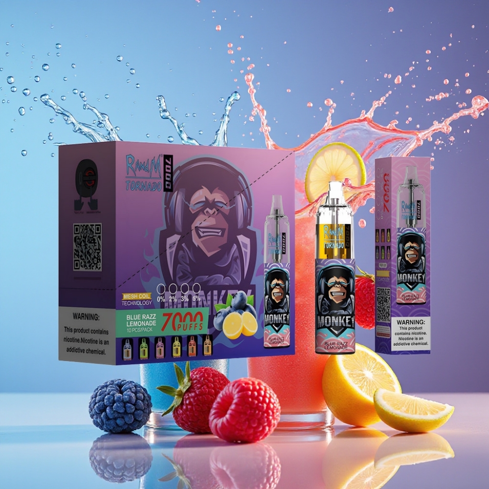 Suomi tukku RandM Fumot Tornado 7000 Puffs Disposable Vape Sininen Vadelma Limonadi - 14 ML E-neste, 850 MAH Akku, Mesh Käämi, Type-C, RGB-valo, Ilmanvaihtosäädin