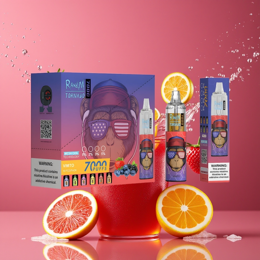 Suomi tukku RandM Fumot Tornado 7000 Puffs Disposable Vape Vimto – 14ML E-liuos, 850MAH Akku, Mesh-käämi, Type-C, RGB-valo, Säädettävä ilmanotto