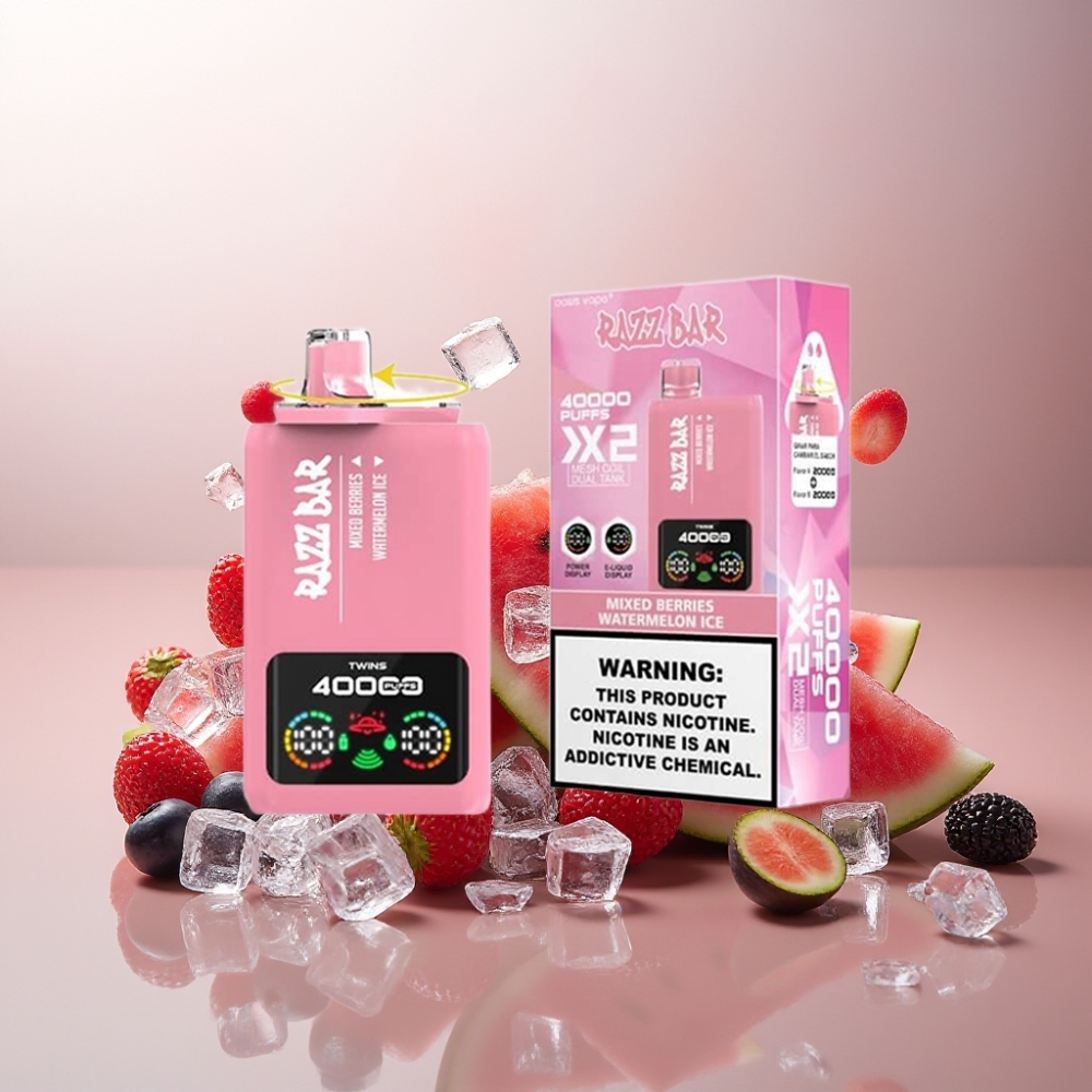 Suomi tukku Razz Bar 40000 Puffs Kertakäyttöinen Vape 650mAh Type-C - Sekamarjat & Vesimeloni Ice, 1.0Ω 2 Mesh Coil, 2%/5% Nikotiinia