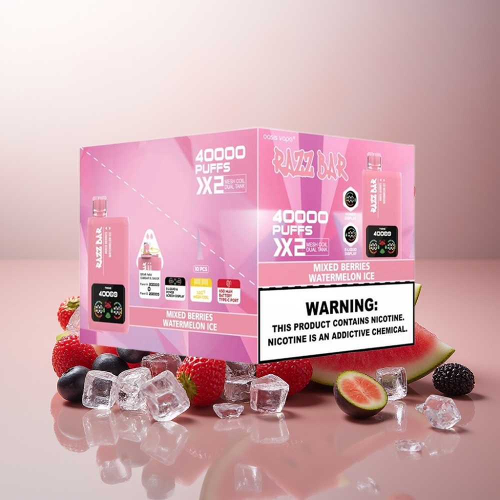 Suomi tukku Razz Bar 40000 Puffs Kertakäyttöinen Vape 650mAh Type-C - Sekamarjat & Vesimeloni Ice, 1.0Ω 2 Mesh Coil, 2%/5% Nikotiinia
