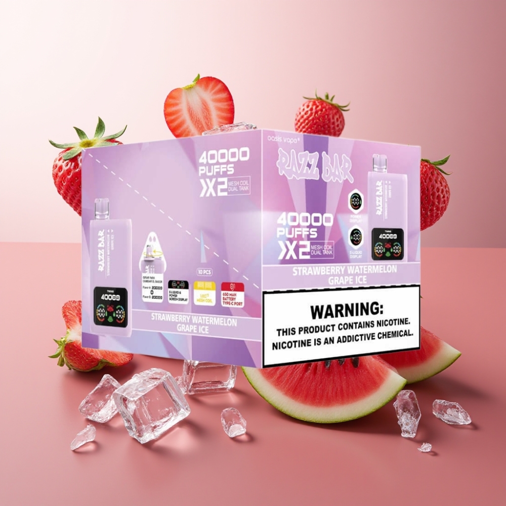 Suomi tukku Razz Bar 40000 Puffs Kertakäyttöinen Vape Mansikka-Arbuusi-Viinirypäle Jää, Power Screen Display, 1.0Ω 2 Mesh Coil, Type-C Port