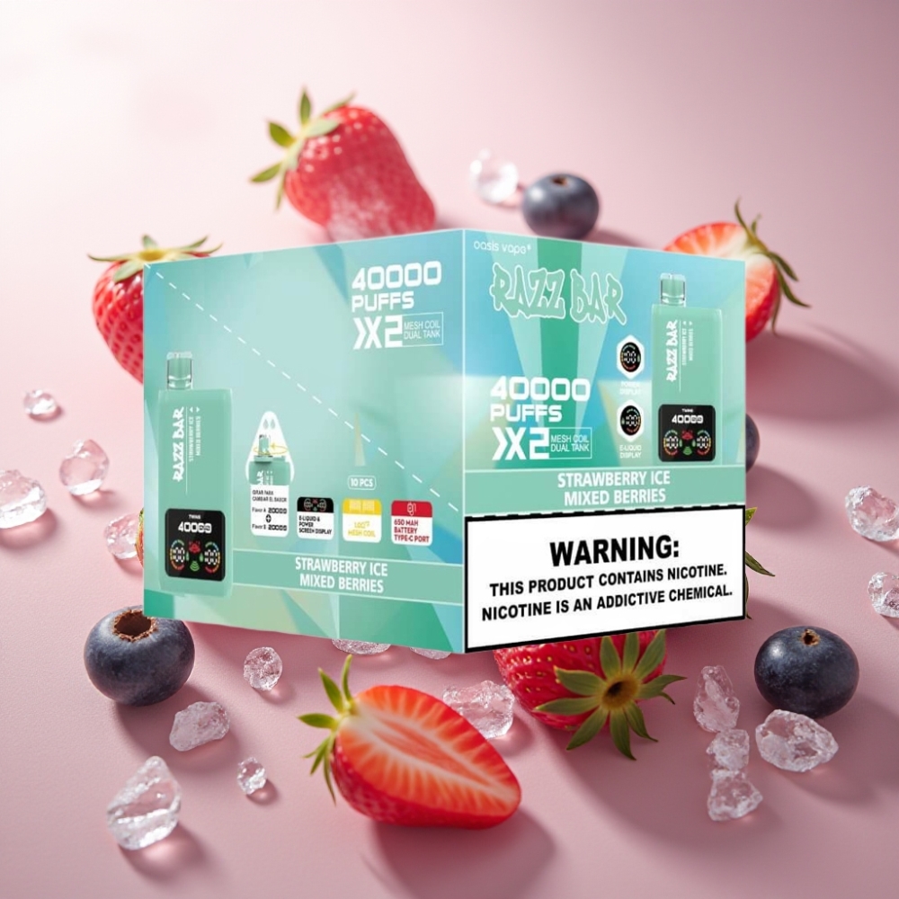 Suomi tukku Razz Bar 40000 Puffs Kertakäyttöinen Vape Mansikka-Jää & Sekalaiset Marjat – Power Screen Display, 1.0Ω 2 Mesh Coil, Type-C Lataus