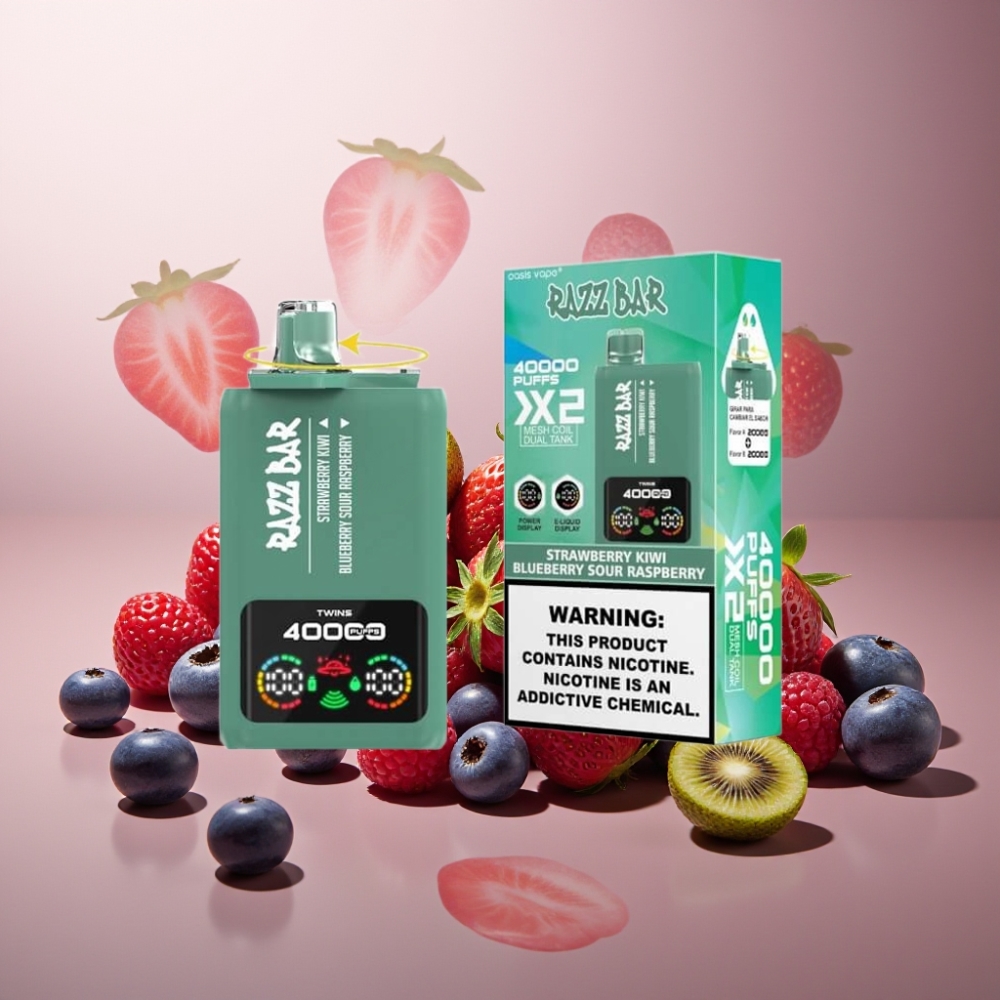 Suomi tukku Razz Bar 40000 Puffs Kertakäyttöinen Vape Mansikka-Kiivi & Mustikka-Hapan Vadelma, Power Screen Display, 1.0Ω 2 Mesh Coil, Type-C Port, 2%/5% Nikotiinia