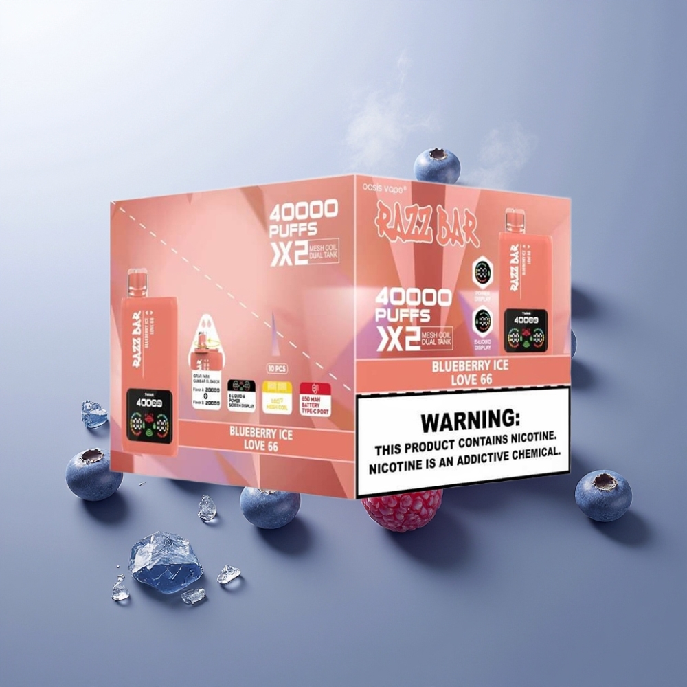 Suomi tukku Razz Bar 40000 Puffs Kertakäyttöinen Vape Mustikka-Jää & Love 66, Power Screen Display, 1.0Ω 2 Mesh Coil, 650mAh Type-C, 2%/5% Nikotiinia