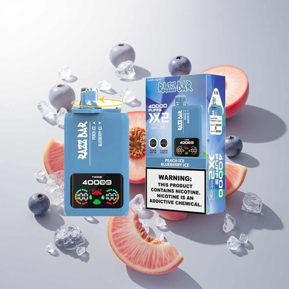 Suomi tukku Razz Bar 40000 Puffs Kertakäyttöinen Vape Persikka-Jää & Mustikka-Jää – 1.0Ω 2 Mesh Coil, 650mAh Type-C, 2%/5% Nikotiini