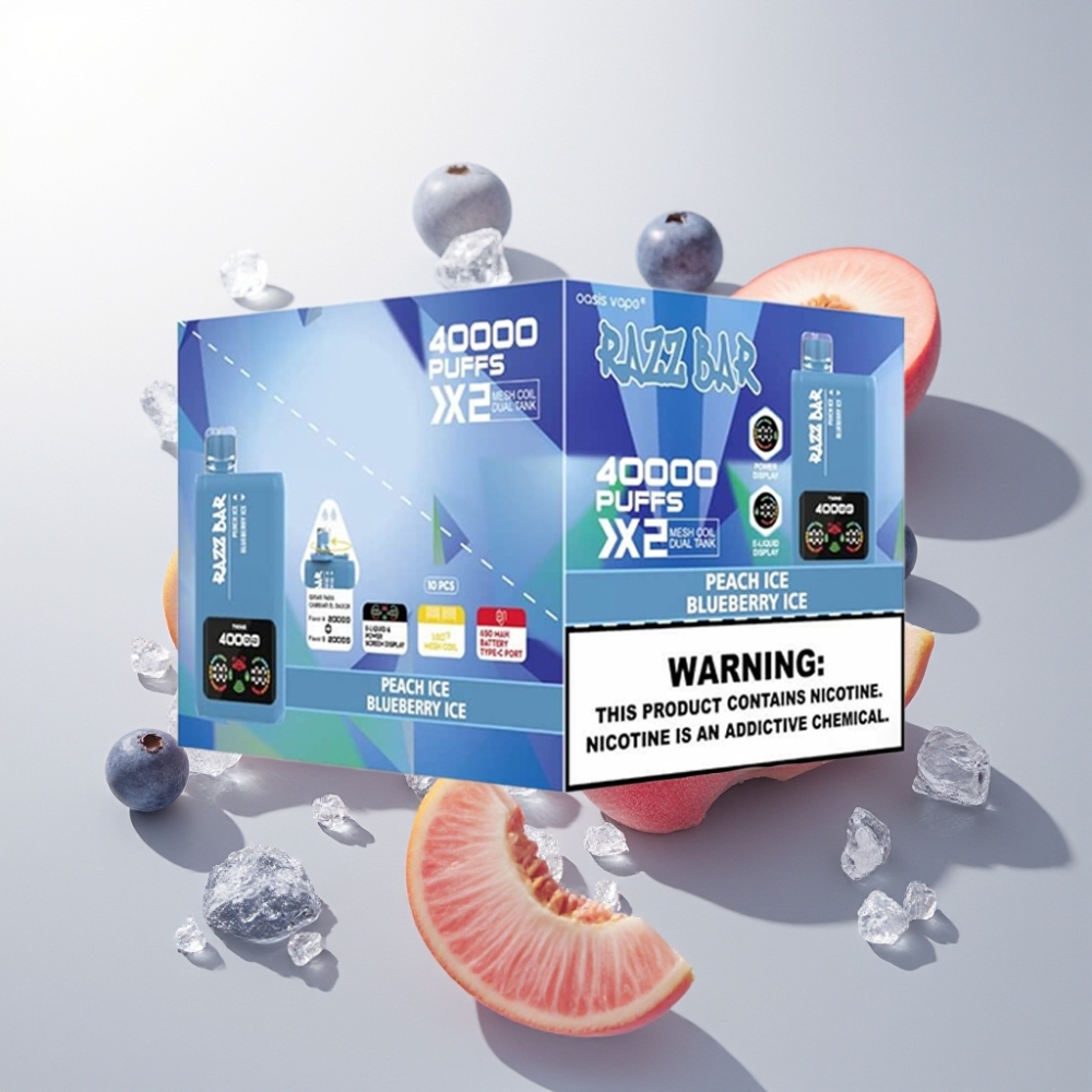 Suomi tukku Razz Bar 40000 Puffs Kertakäyttöinen Vape Persikka-Jää & Mustikka-Jää – 1.0Ω 2 Mesh Coil, 650mAh Type-C, 2%/5% Nikotiini