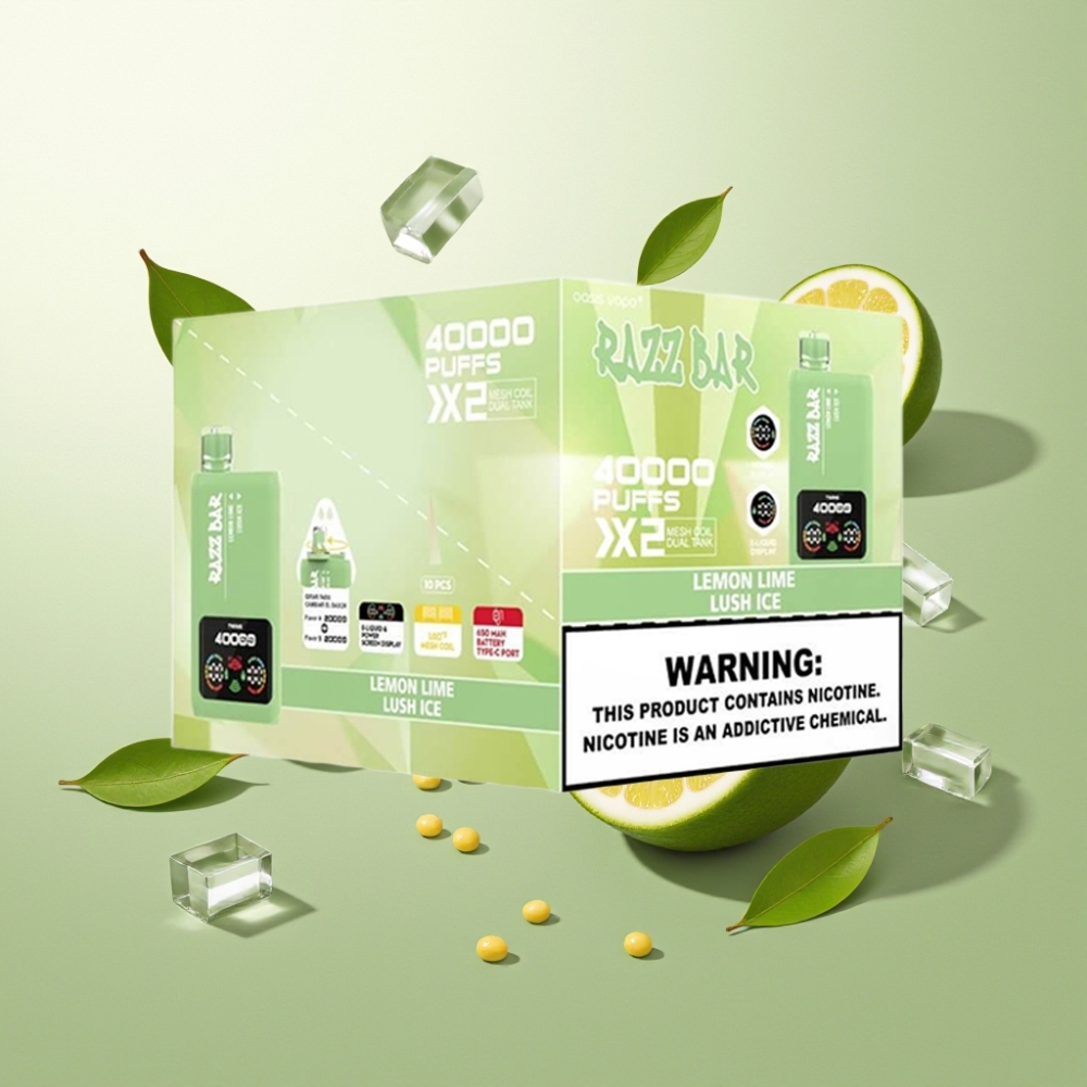 Suomi tukku Razz Bar 40000 Puffs Kertakäyttöinen Vape Sitruuna-Lime & Jäinen Mansikka 1.0Ω 2 Mesh Coil 650mAh Type-C 2%/5% Nikotiinia Power Screen Display