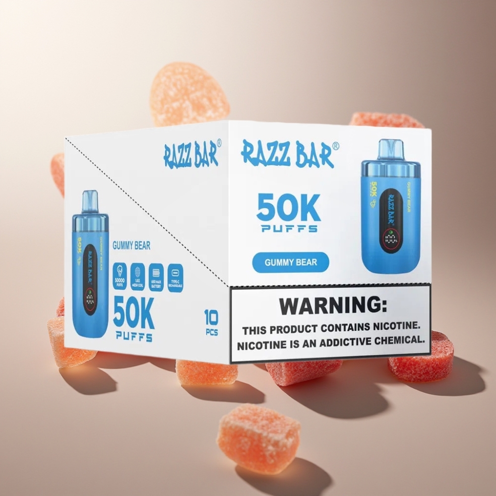 Suomi tukku Razz Bar 50K Puffs Kertakäyttöinen Vape 50000 Puffs 1.0 Ohm Mesh Coil 650mAh Type-C Karkki Karhu