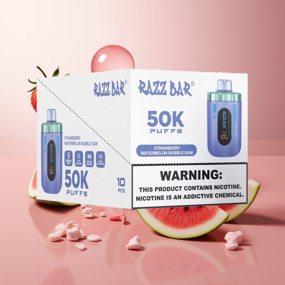 Suomi tukku Razz Bar 50K Puffs Kertakäyttöinen Vape Mansikka-Arbuusi-Kuplakumi 50000 Puffs Type-C 650mAh 2% Nikotiinia