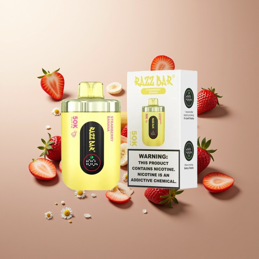 Suomi tukku Razz Bar 50K Puffs Kertakäyttöinen Vape Mansikka-Banaani 50000 Puffs 1.0 Ohm Mesh 650mAh Type-C 2% Nikotiinia