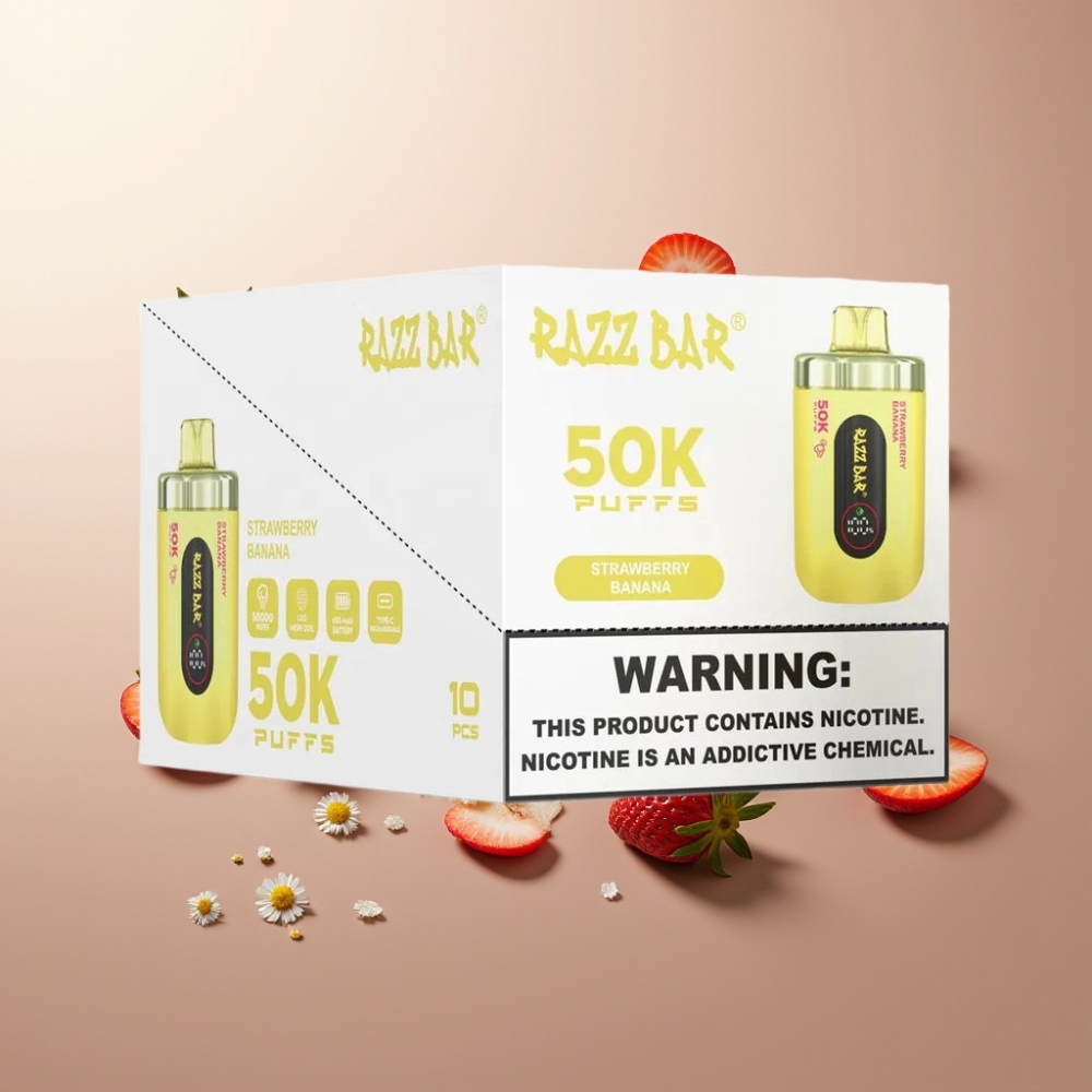 Suomi tukku Razz Bar 50K Puffs Kertakäyttöinen Vape Mansikka-Banaani 50000 Puffs 1.0 Ohm Mesh 650mAh Type-C 2% Nikotiinia