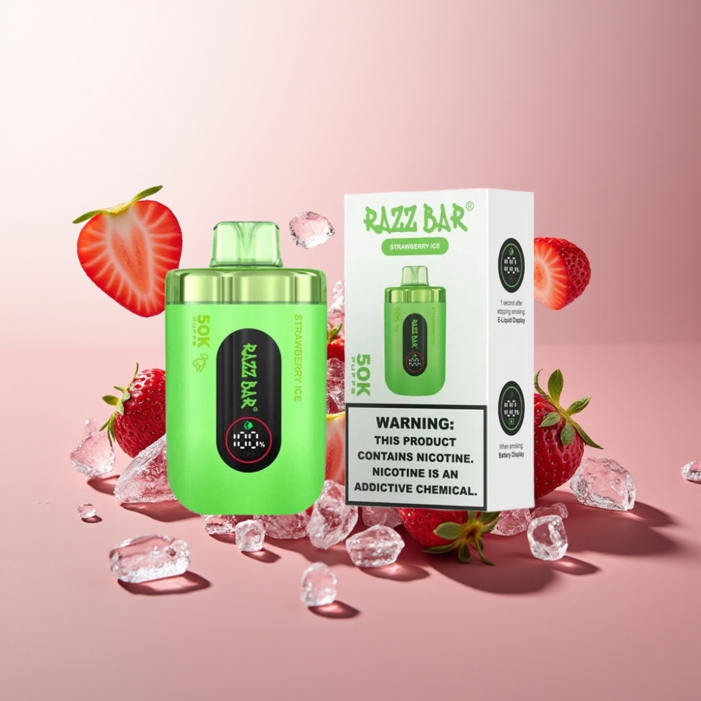 Suomi tukku Razz Bar 50K Puffs Kertakäyttöinen Vape Mansikkajää 50000 Puffs, 1.0 Ohm Mesh Coil, Type-C Lataus