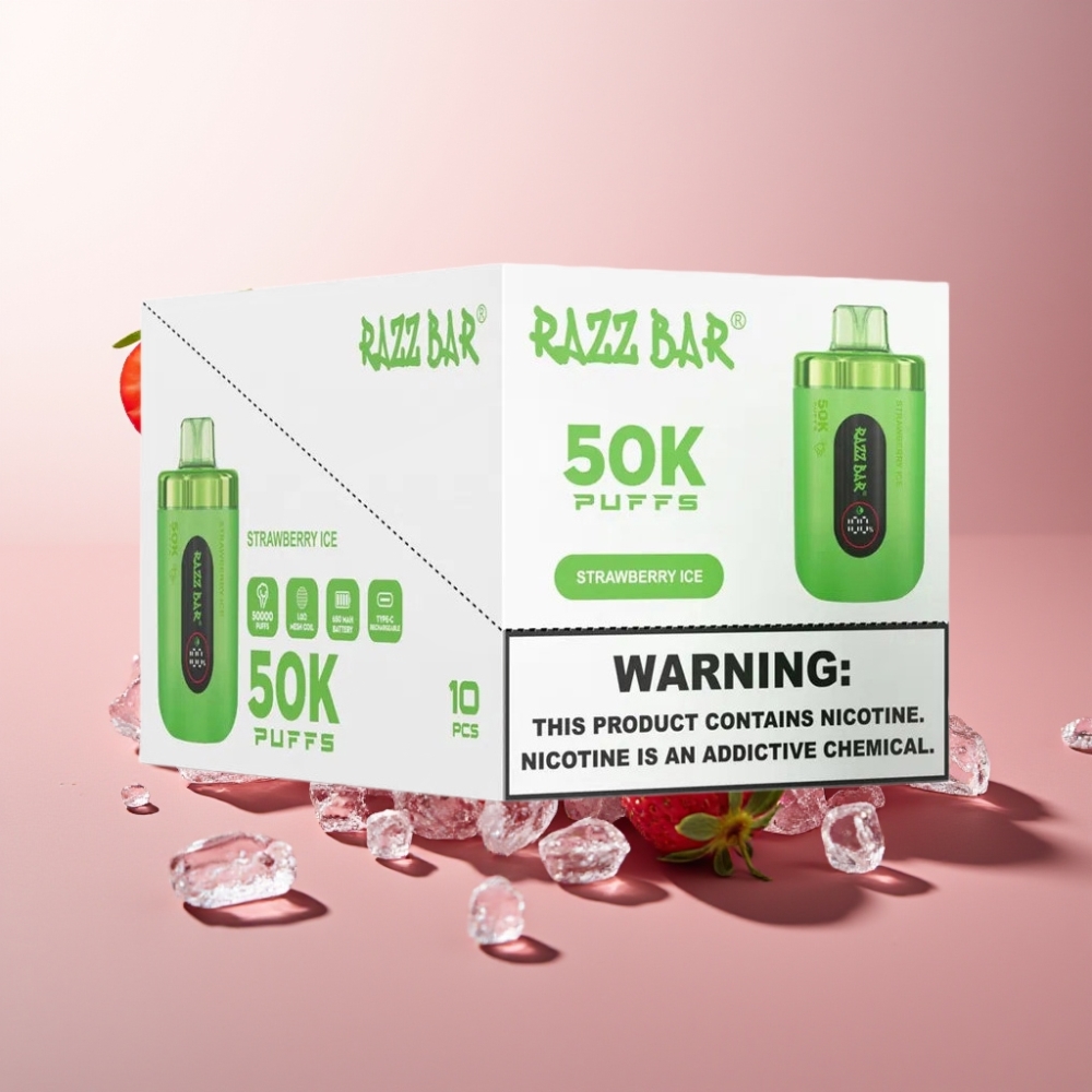 Suomi tukku Razz Bar 50K Puffs Kertakäyttöinen Vape Mansikkajää 50000 Puffs, 1.0 Ohm Mesh Coil, Type-C Lataus
