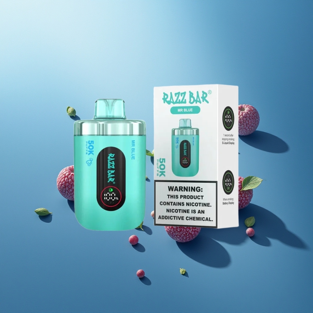 Suomi tukku Razz Bar 50K Puffs Kertakäyttöinen Vape Mr Blue – 50000 Puffs, 1.0 Ohm Mesh, Type-C Lataus, 2% Nikotiinia