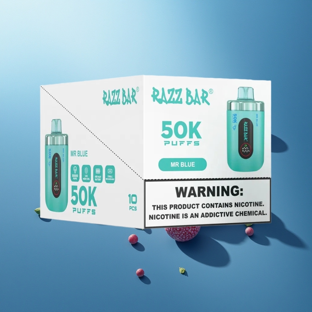 Suomi tukku Razz Bar 50K Puffs Kertakäyttöinen Vape Mr Blue – 50000 Puffs, 1.0 Ohm Mesh, Type-C Lataus, 2% Nikotiinia