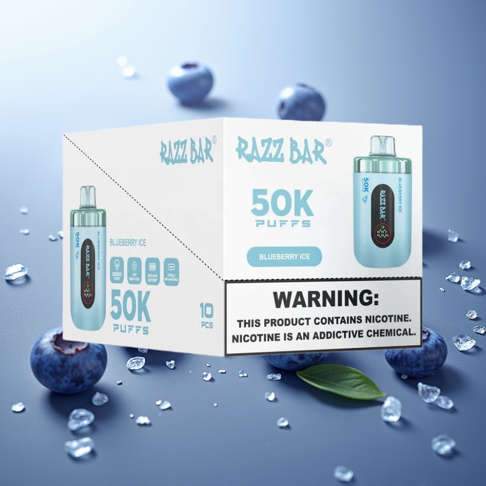 Suomi tukku Razz Bar 50K Puffs Kertakäyttöinen Vape Mustikka-Jää, 50000 Puffs, 1.0 Ohm Mesh, Type-C