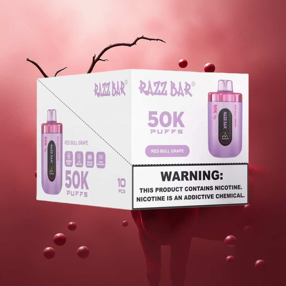 Suomi tukku Razz Bar 50K Puffs Kertakäyttöinen Vape Punainen Härkä Viinirypäle – 50000 Tupakointia, 1.0 Ohm Mesh, Type-C Lataus, 2% Nikotiinia