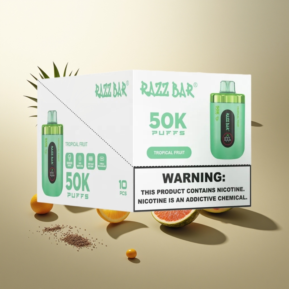 Suomi tukku Razz Bar 50K Puffs Kertakäyttöinen Vape Trooppiset Hedelmät – 50000 Tupaa, 1.0 Ohm Mesh, Type-C Ladata