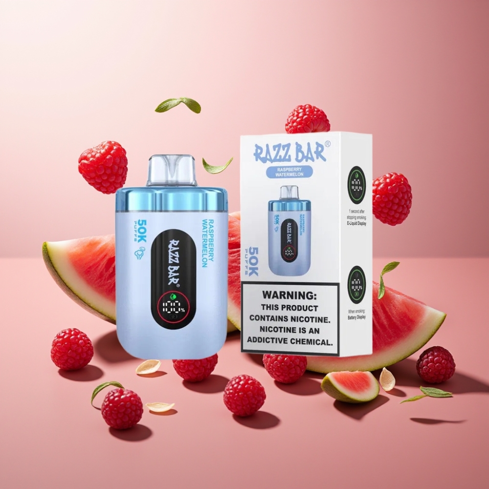 Suomi tukku Razz Bar 50K Puffs Kertakäyttöinen Vape Vadelma-Arbuusi 50000 Puffs 1.0 Ohm Mesh 650mAh Type-C 2% Nikotiinia