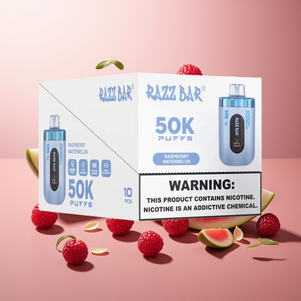Suomi tukku Razz Bar 50K Puffs Kertakäyttöinen Vape Vadelma-Arbuusi 50000 Puffs 1.0 Ohm Mesh 650mAh Type-C 2% Nikotiinia