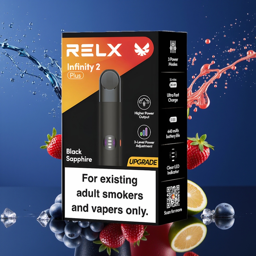 Suomi tukku RELX Infinity 2 Plus Device Musta Safiiri 8W Teho, 440mAh Akku, 1.9ml Kapasiteetti