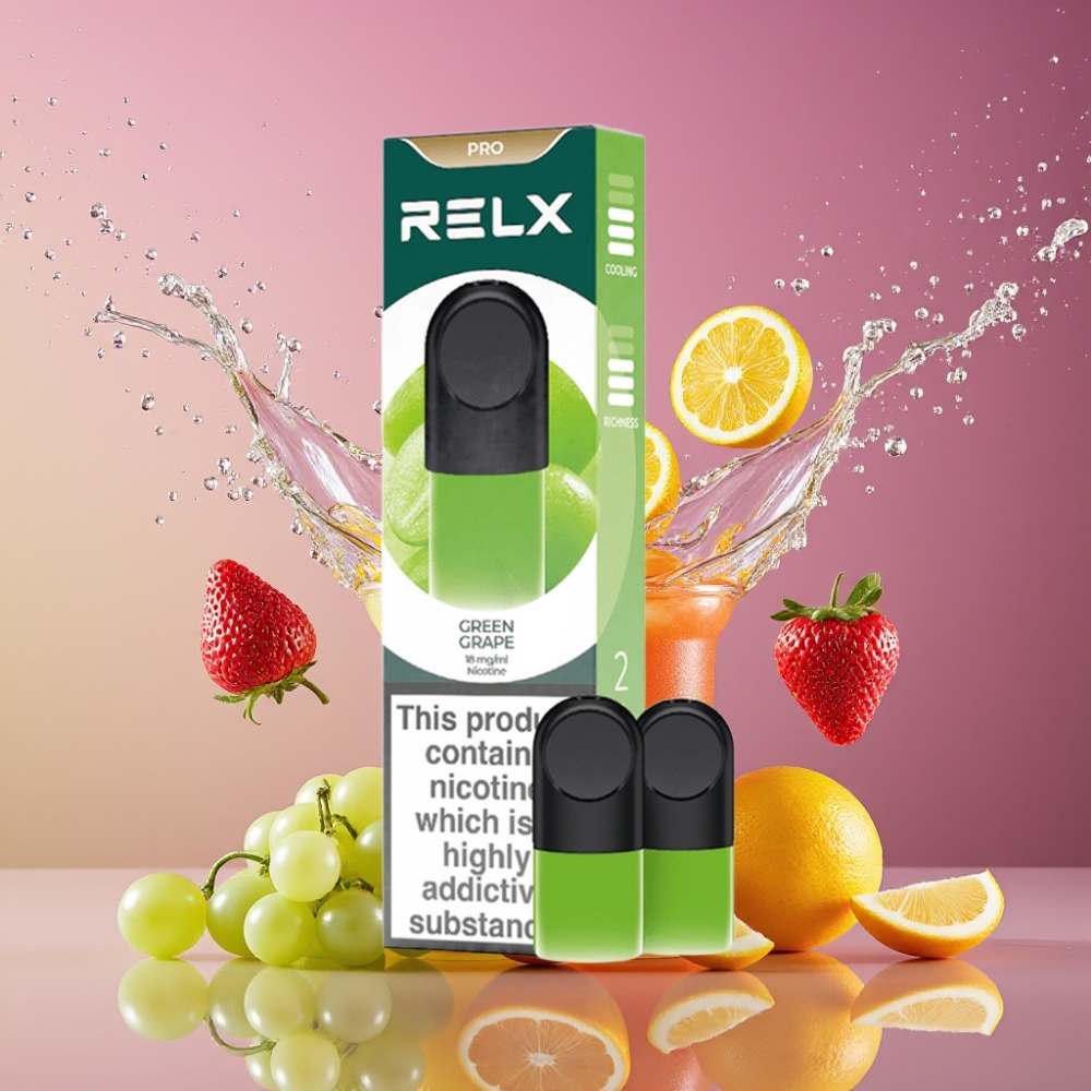 Suomi tukku RELX Pod Pro Vape Device Viheriä Viinirypäle – 1.8% Nikotiinia, 1.9 ml, Great Taste & Super Smooth, Optimized Draw Resistance, Rich Vapor